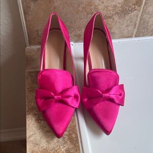 Fuchsia Satin Pointed-Toe Flats with Bow